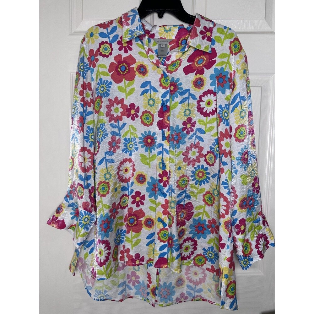 Multiples Women’s Floral Print ShimmerTurn Up Cuffs Button Up Tunic L